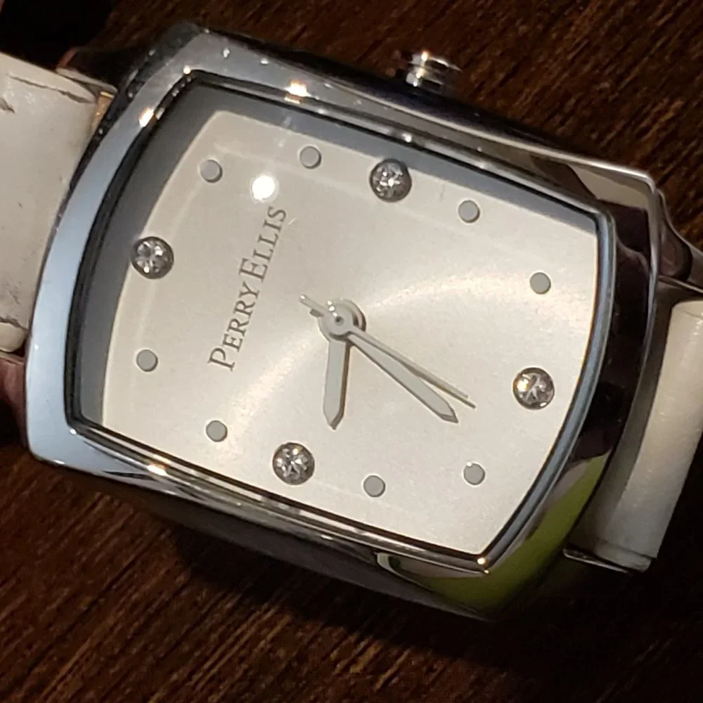 Perry Ellis White Leather Band Silver Rectangle Face Diamond Accent Wrist Watch